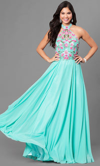 Long Halter Prom Dress with Embroidered Bodice