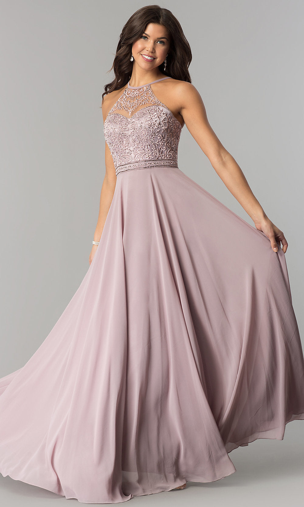 Embroidered-Bodice High-Neck Long Chiffon Prom Dress Mocha / XSmall Embroidered-Bodice High-Neck Long Chiffon Prom Dress Mocha / XSmall