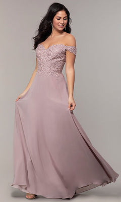 Dancing Queen-Off-the-Shoulder Long Mocha A-Line Prom Dress
