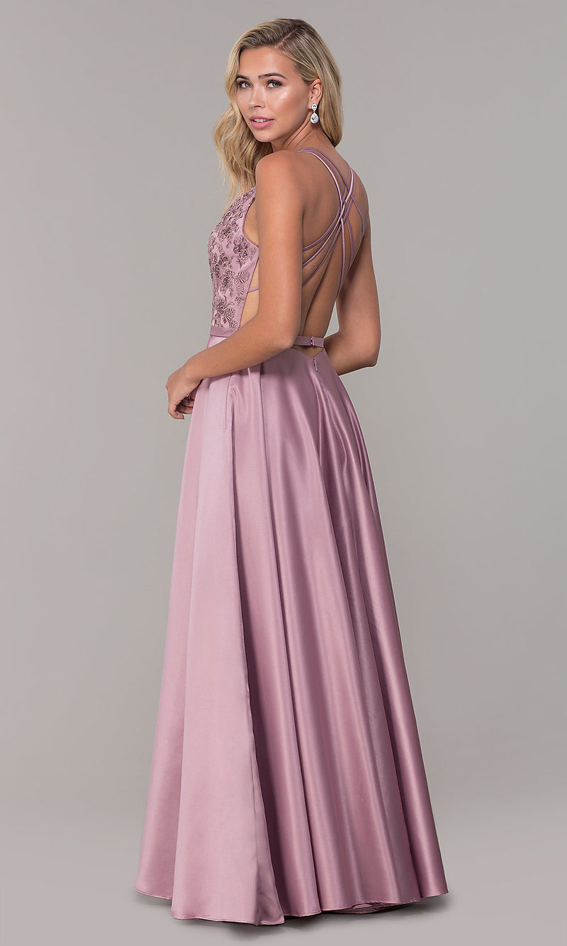 Long Strappy Embroidered Bodice Prom Dress Promgirl