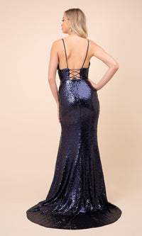 Long Formal Sequin Prom Gown with Corset Back