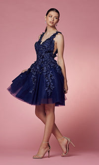 3D Floral Applique Navy Blue Short Hoco Dress