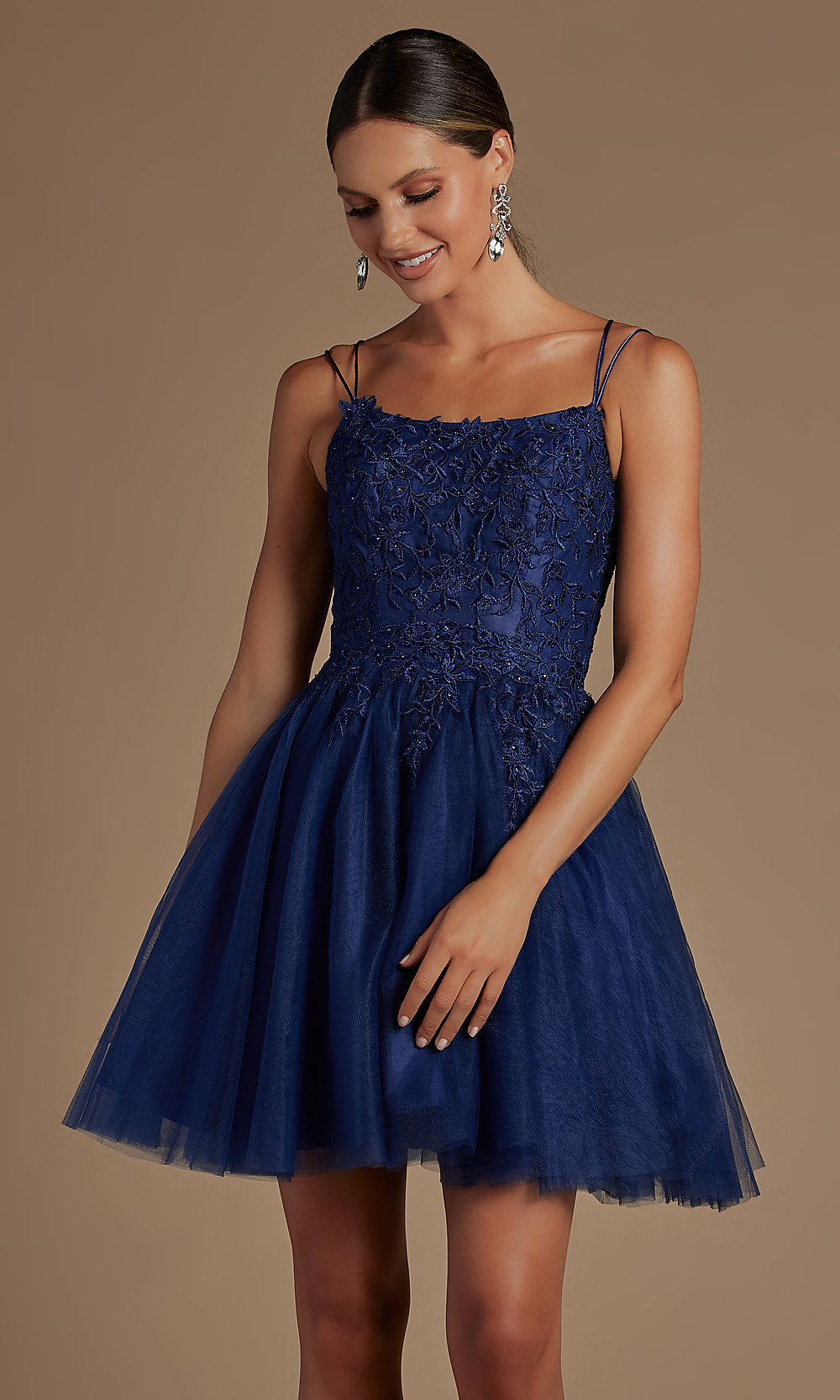 Short Embroidered Corset-Back Homecoming Dress