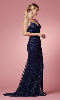Navy Blue Long Sequin Prom Dress with Lace-Up Back