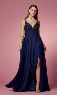 Narianna-Low V-Neck Long A-Line Prom Dress with Skirt Slit