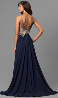 Dave and Johnny-Black Prom Dress with Lace-Applique Keyhole Bodice