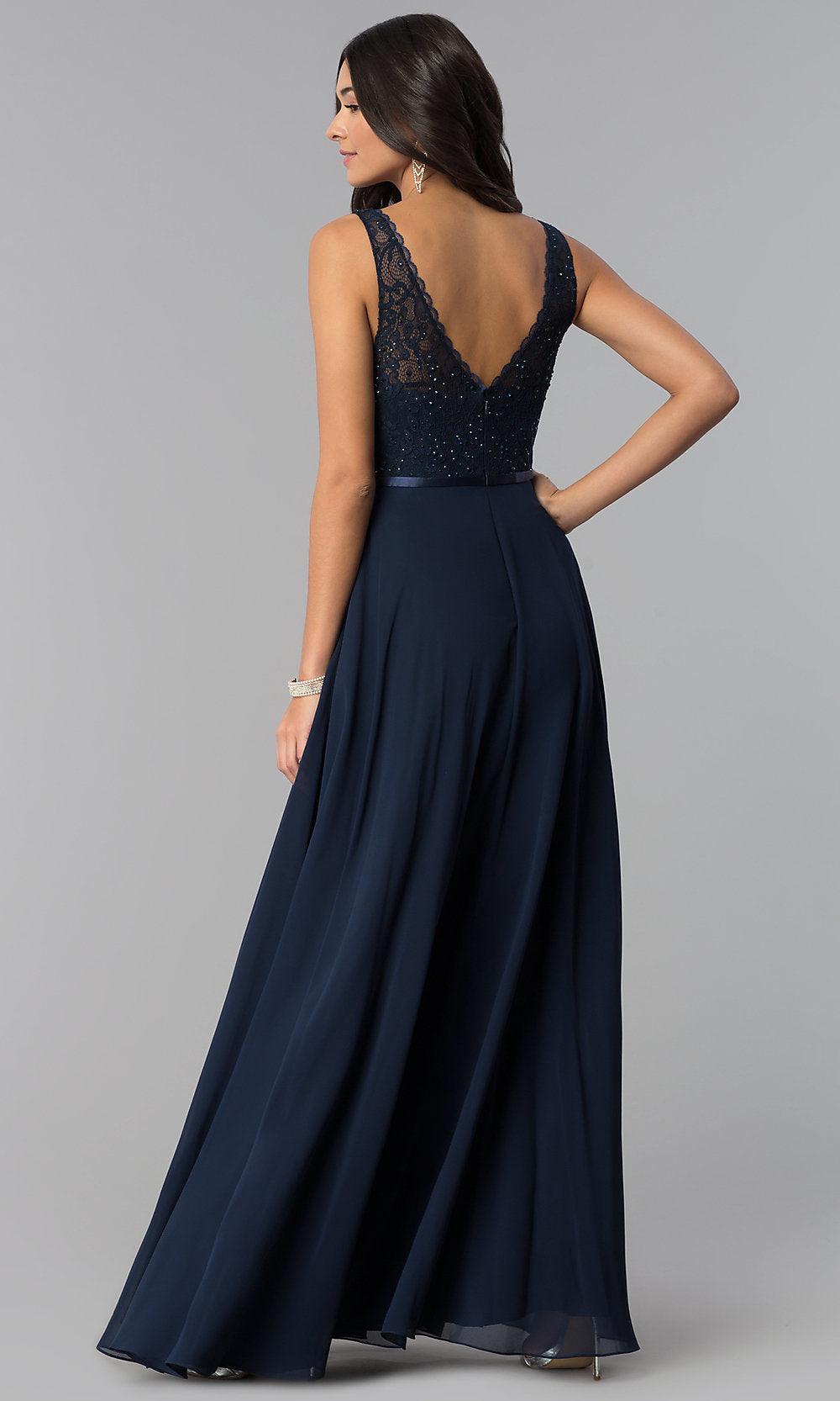 Dancing Queen-V-Neck Sleeveless Lace-Bodice Long Prom Dress