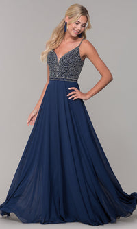 Dancing Queen-Long V-Neck Sleeveless Beaded-Bodice Prom Dress