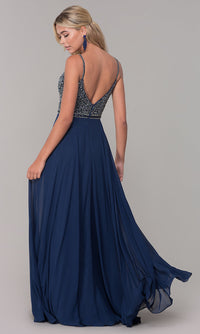 Dancing Queen-Long V-Neck Sleeveless Beaded-Bodice Prom Dress