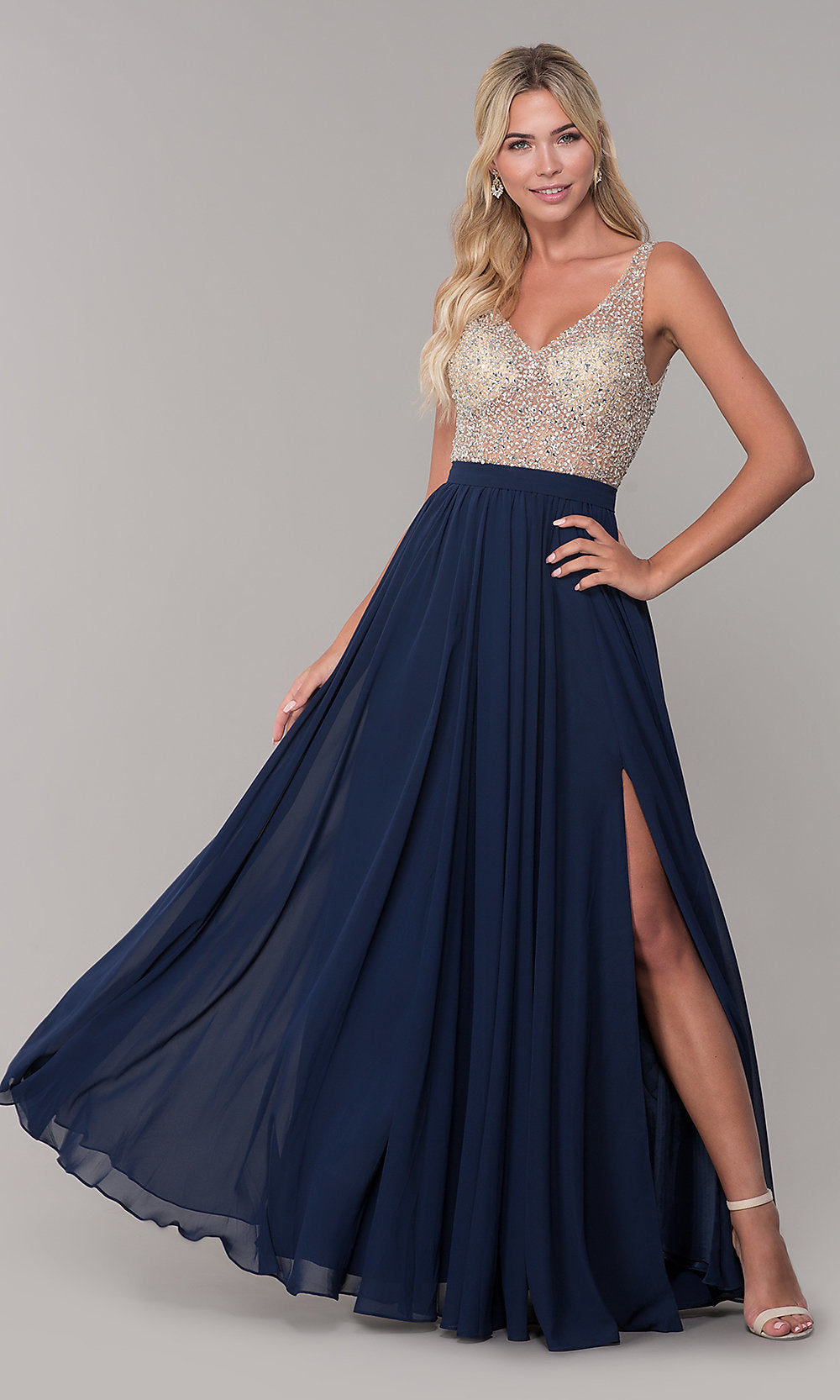 Dancing Queen-Long Illusion-Beaded-Bodice V-Neck Prom Dress