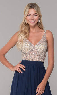 Dancing Queen-Long Illusion-Beaded-Bodice V-Neck Prom Dress