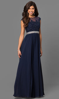 Embroidered Sheer-Bodice Formal Long Prom Dress