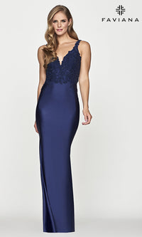 Faviana-Faviana Long Navy Blue Prom Dress with Cut Out