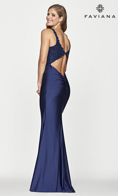Faviana-Faviana Long Navy Blue Prom Dress with Cut Out