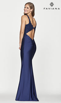 Faviana-Faviana Long Navy Blue Prom Dress with Cut Out