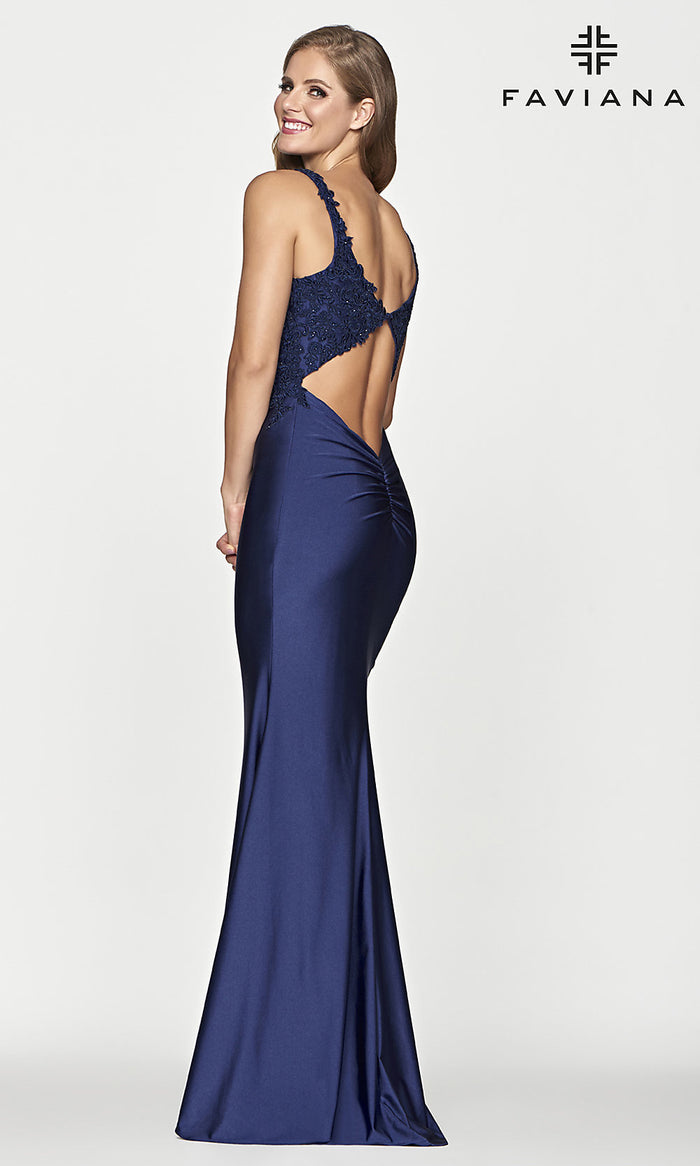 Faviana Long Navy Blue Prom Dress with Cut Out