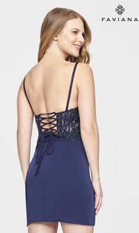 Faviana-Beaded-Corset Faviana Short Navy Blue Hoco Dress