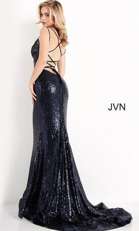 JVN by Jovani Long Strappy-Back Sequin Prom Dress
