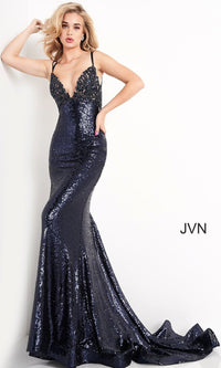JVN by Jovani Long Strappy-Back Sequin Prom Dress