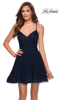 Rhinestone Short Navy La Femme Homecoming Dress