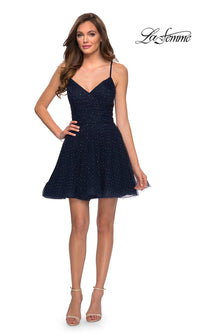 Rhinestone Short Navy La Femme Homecoming Dress