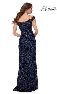 La Femme-La Femme Navy Blue Striped Sequin Long Prom Dress