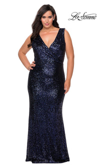 La Femme-La Femme Plus-Size V-Neck Sequin Long Prom Dress