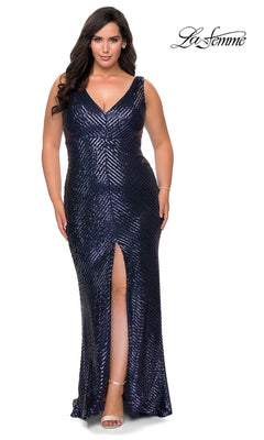 A woman in an Empire-Waist Long Plus-Size Sequin Prom Dress with a V-neck, sleeveless style, and front slit stands against a white background. The "La Femme" logo appears in the top right corner.