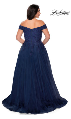 A woman is shown from the back wearing the Off-the-Shoulder Plus-Size La Femme Prom Ball Gown in navy blue, featuring beaded embroidery, a tulle skirt, zipper closure, and a slight train.
