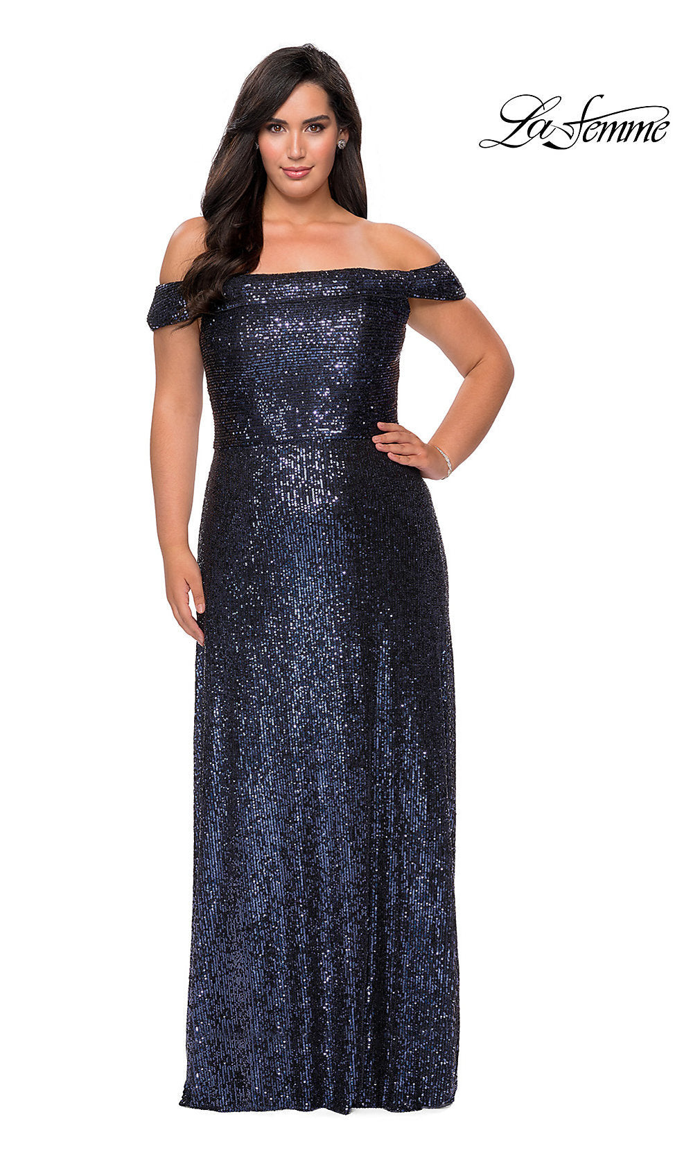 Off-the-Shoulder Plus-Size Sequin Long Dress -PromGirl Navy / 14W Off-the-Shoulder Plus-Size Sequin Long Dress -PromGirl Navy / 14W