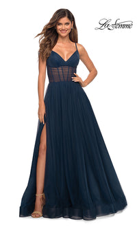 La Femme-Long La Femme Prom Dress with Sheer Corset Waist
