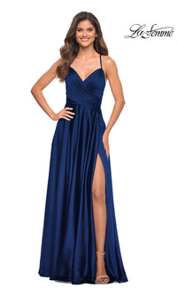 La Femme-La Femme Lace-Up Back Long Satin A-Line Prom Dress