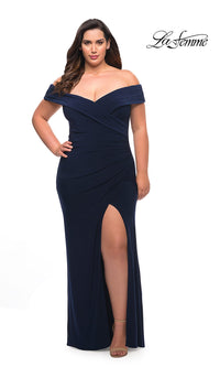 La Femme-Long Off-Shoulder Navy Blue Plus-Size Prom Dress
