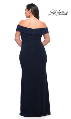 La Femme-Long Off-Shoulder Navy Blue Plus-Size Prom Dress