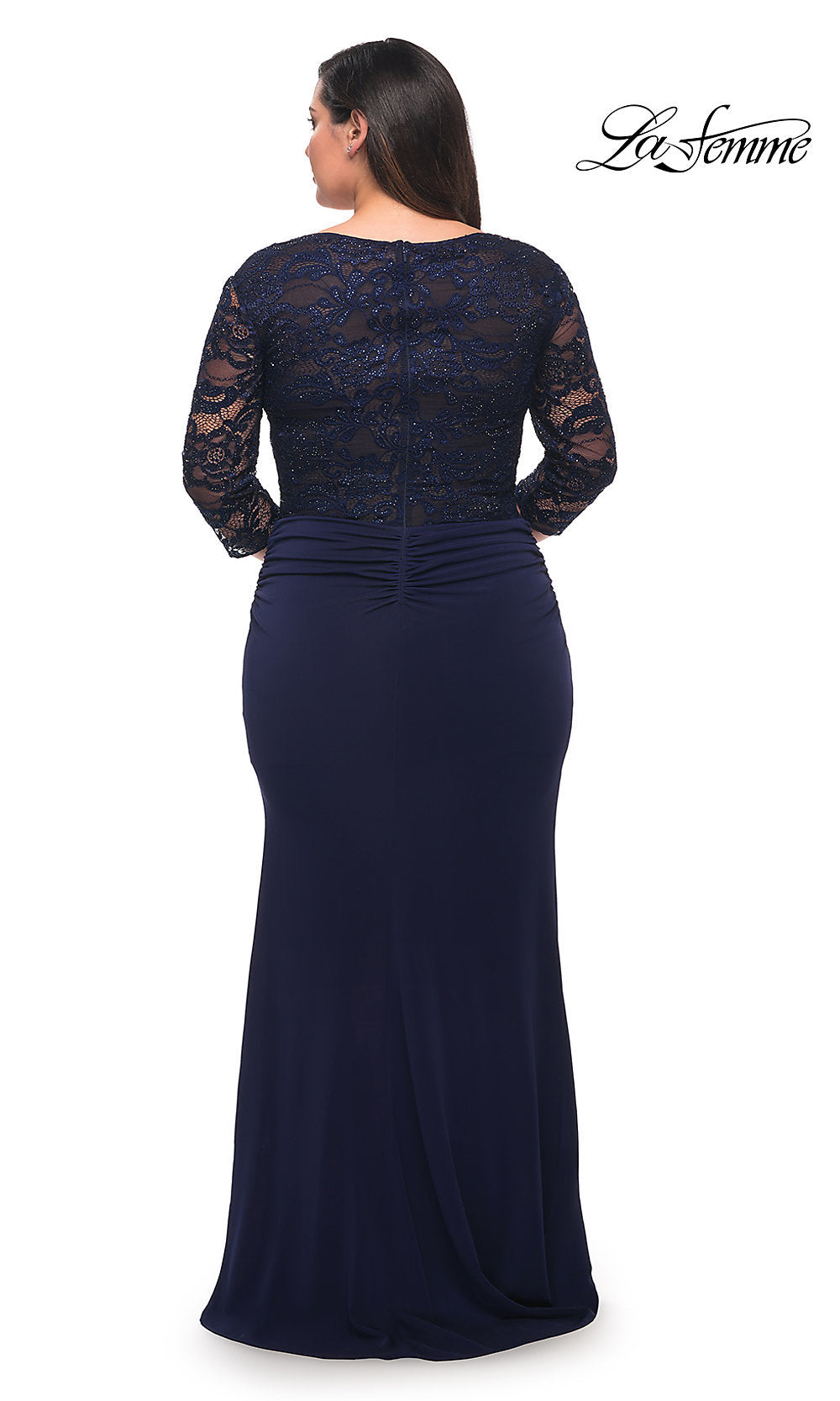 knee length dresses for ladies La Femme Lace Sleeve Ruched Trumpet Gown Navy