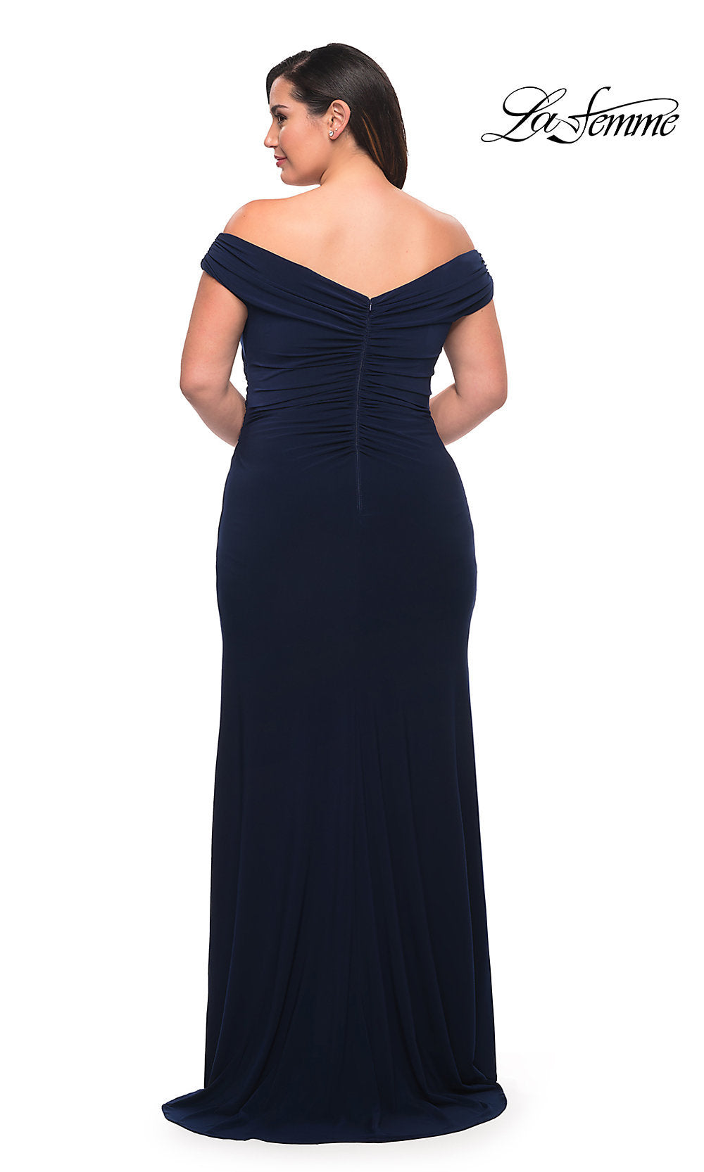 La Femme-Off-the-Shoulder Long Plus-Size V-Neck Prom Dress
