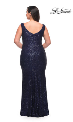 La Femme-La Femme V-Neck Sequin Long Plus-Size Prom Dress