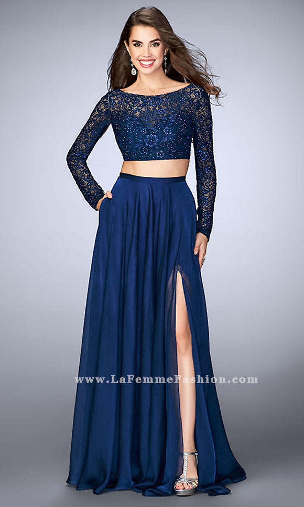 La Femme-Two Piece Long Chiffon Prom Dress with Long Sleeves