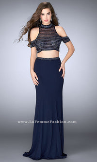 La Femme-Two-Piece Cold-Shoulder Long Jersey Dress