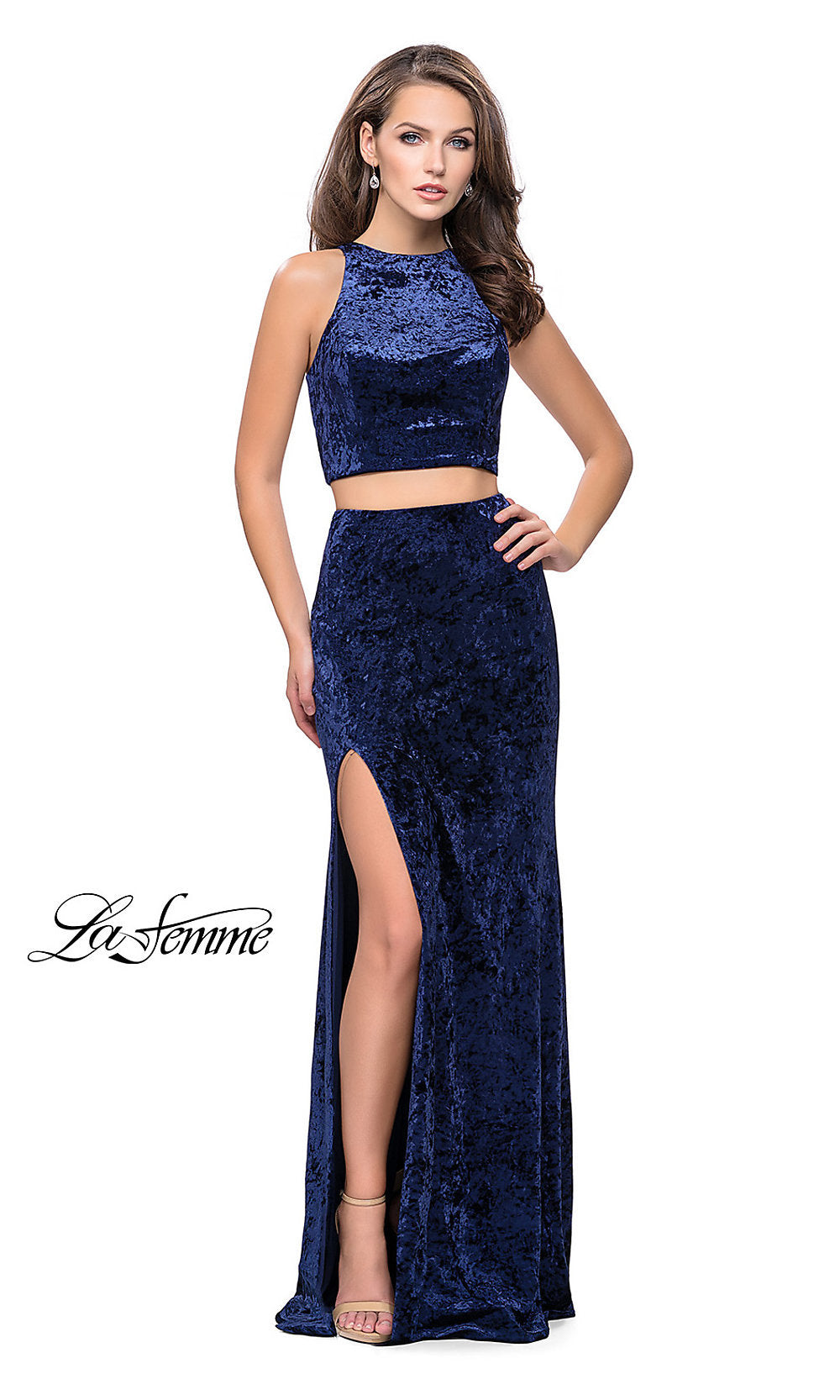 La Femme-Long Two-Piece Velvet La Femme Prom Dress