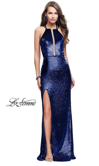 La Femme-Open-Back Long La Femme Velvet Prom Dress