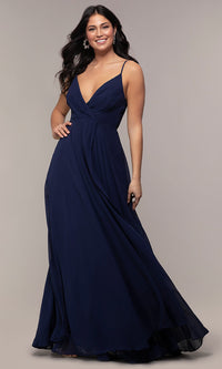 Maniju-Long Chiffon Faux-Wrap V-Neck Prom Dress