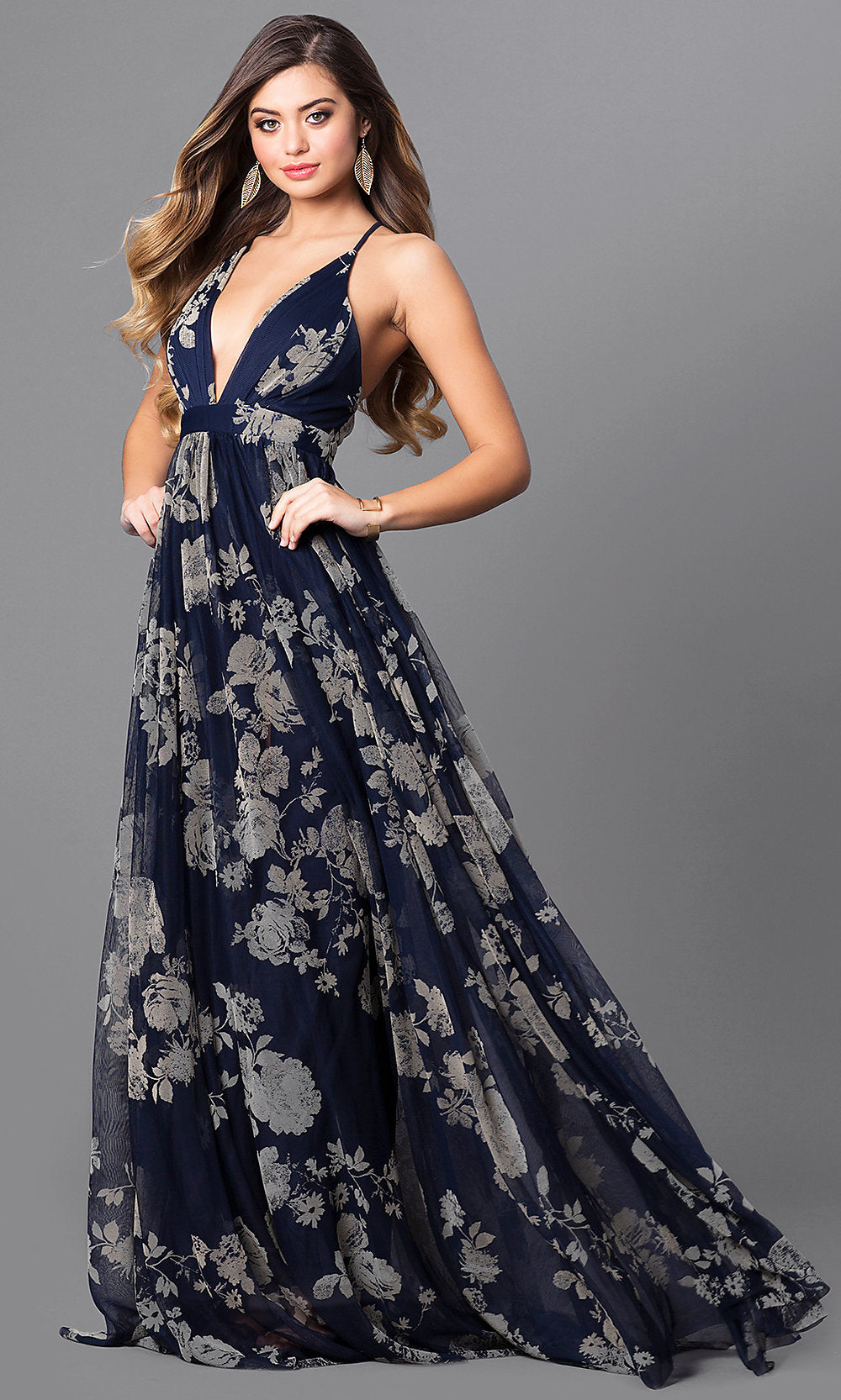 Luxxel Clothing-Floral-Print V-Neck Long Prom Dress with Empire Waist