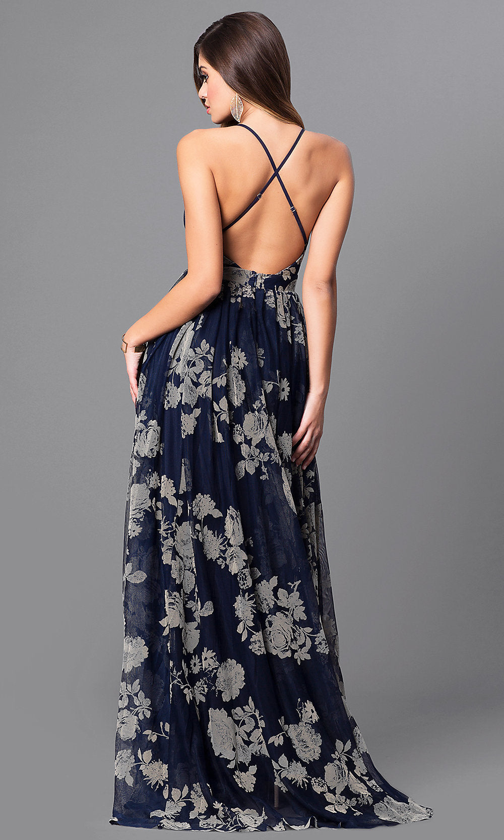 Luxxel Clothing-Floral-Print V-Neck Long Prom Dress with Empire Waist