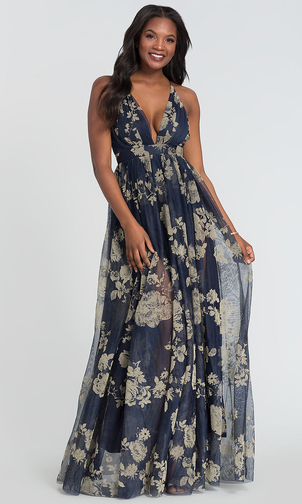 Luxxel Clothing-Floral-Print V-Neck Long Prom Dress with Empire Waist