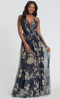 Luxxel Clothing-Floral-Print V-Neck Long Prom Dress with Empire Waist