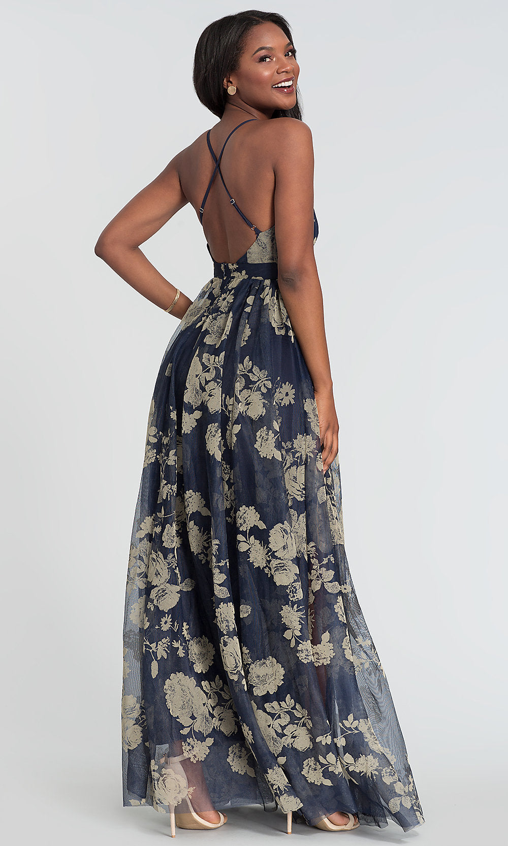 Luxxel Clothing-Floral-Print V-Neck Long Prom Dress with Empire Waist