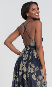 Luxxel Clothing-Floral-Print V-Neck Long Prom Dress with Empire Waist