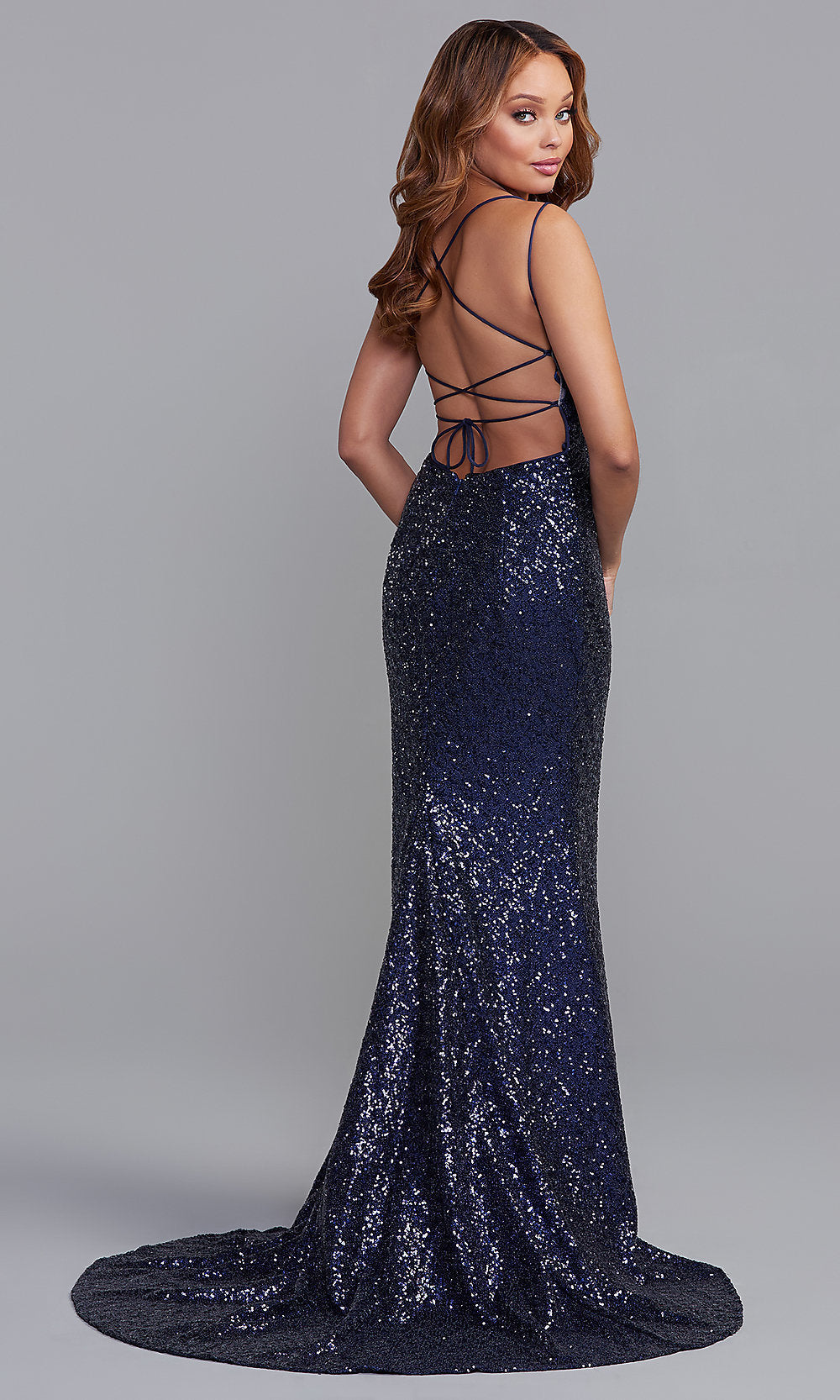DDreamdressy Sparkly Straps Navy Blue Sequin Long Prom Dress with Slit US 26W / The Same As Picture