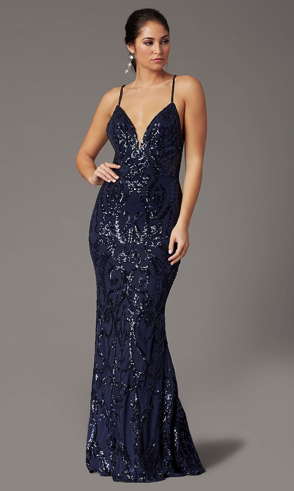 Navy Long Sequin Trumpet Prom Dress by PromGirl